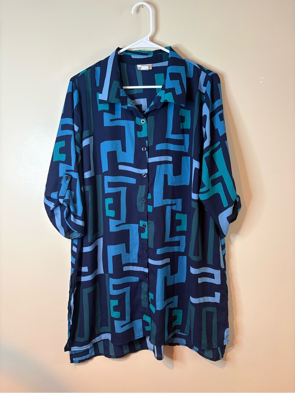 Avenue Blue Abstract Print Roll Tab Sleeve Button Down Tunic Top EUC